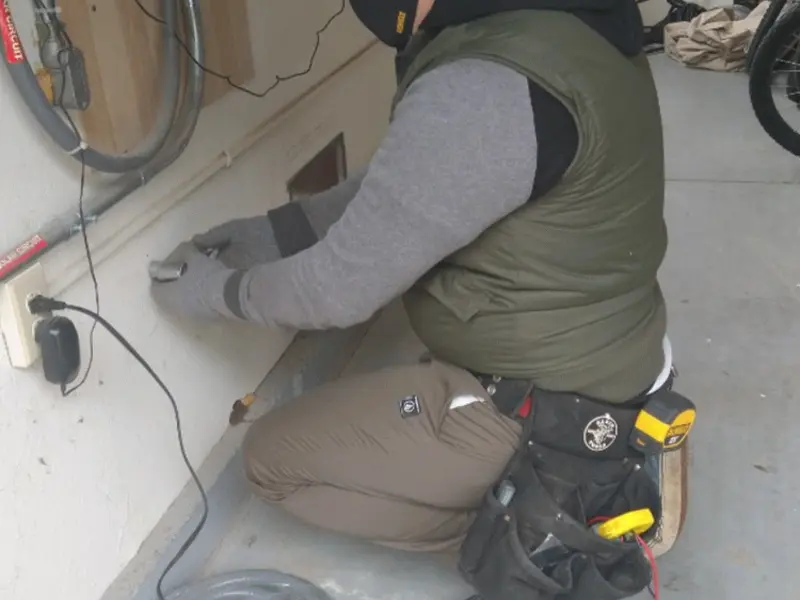 Electrician performing outlet wiring in a Gillespie garage
